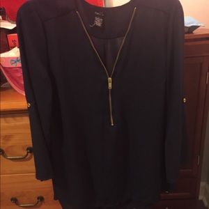 See through navy blue zip up blouse